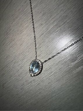 Blue Aquamarine Oval Halo Pendant Necklace in 10kt White Gold with chain